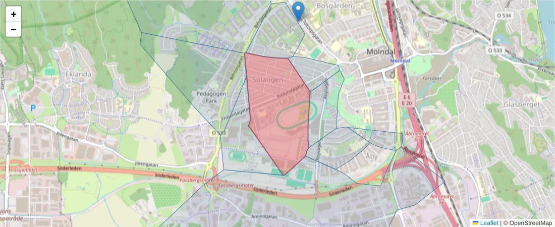 Karta över postnummerområdet  och angränsande postnummer i Sverige