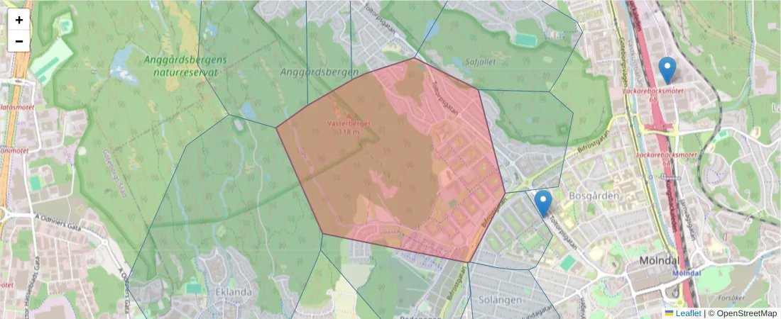 Karta över postnummerområdet  och angränsande postnummer i Sverige