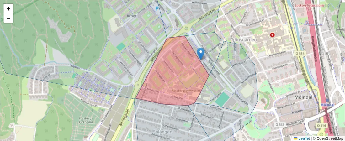 Karta över postnummerområdet  och angränsande postnummer i Sverige