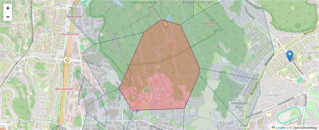 Karta över postnummerområdet  och angränsande postnummer i Sverige