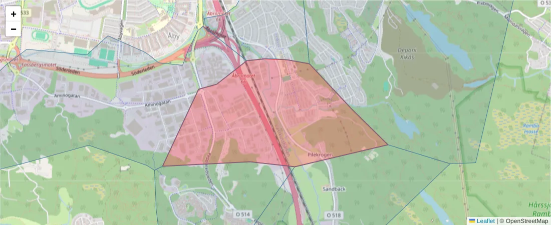 Karta över postnummerområdet  och angränsande postnummer i Sverige