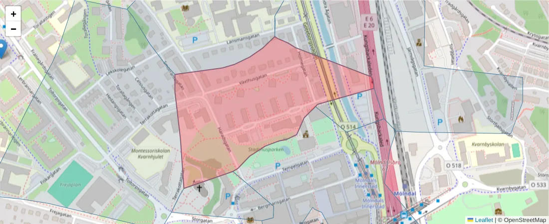 Karta över postnummerområdet  och angränsande postnummer i Sverige