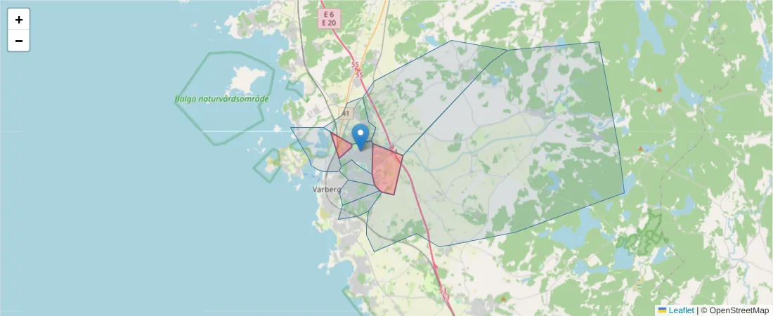 Karta över postnummerområdet  och angränsande postnummer i Sverige
