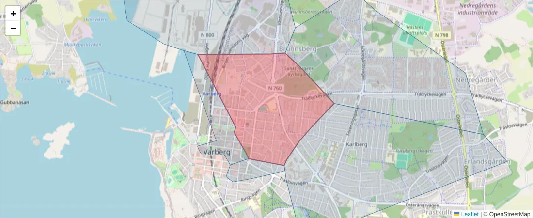 Karta över postnummerområdet  och angränsande postnummer i Sverige