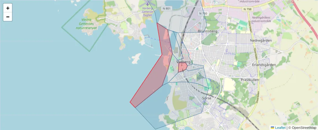 Karta över postnummerområdet  och angränsande postnummer i Sverige