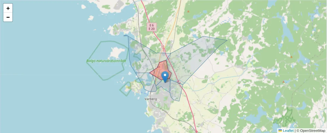 Karta över postnummerområdet  och angränsande postnummer i Sverige