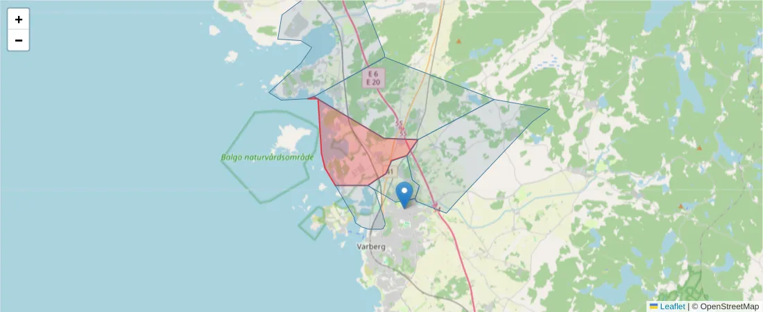 Karta över postnummerområdet  och angränsande postnummer i Sverige