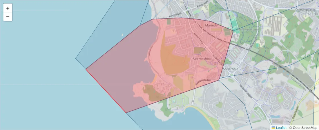 Karta över postnummerområdet  och angränsande postnummer i Sverige