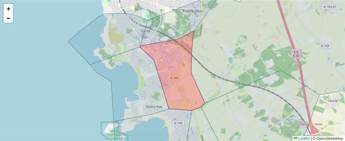 Karta över postnummerområdet  och angränsande postnummer i Sverige