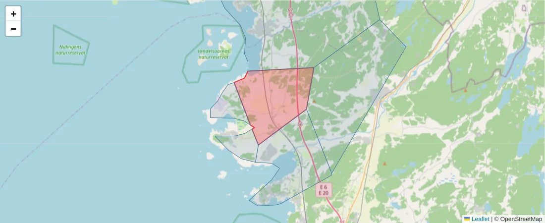 Karta över postnummerområdet  och angränsande postnummer i Sverige