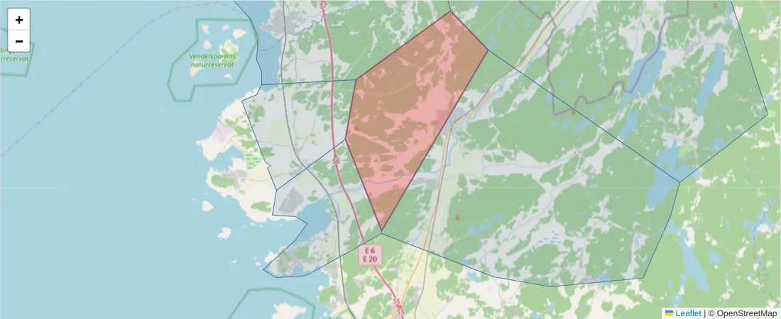 Karta över postnummerområdet  och angränsande postnummer i Sverige