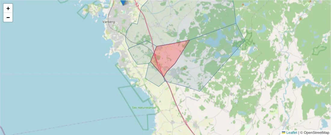 Karta över postnummerområdet  och angränsande postnummer i Sverige
