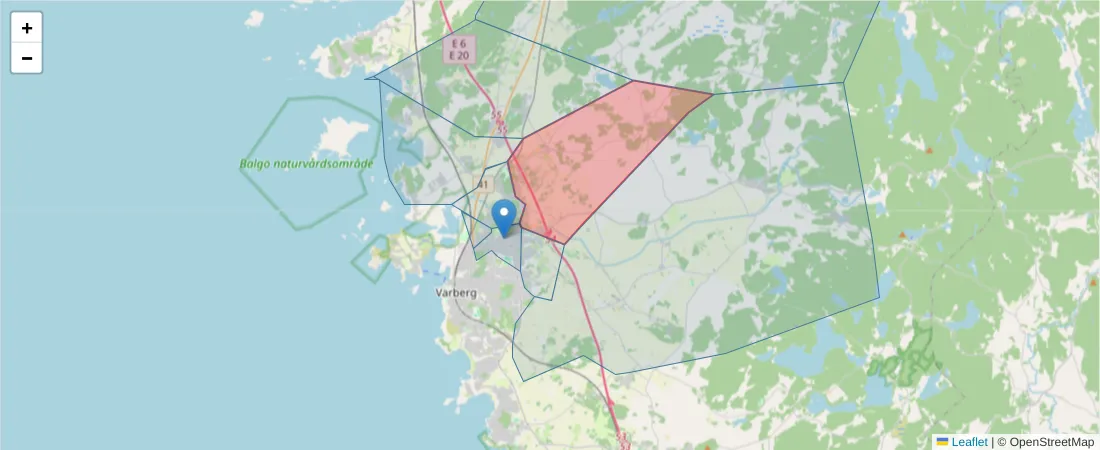 Karta över postnummerområdet  och angränsande postnummer i Sverige