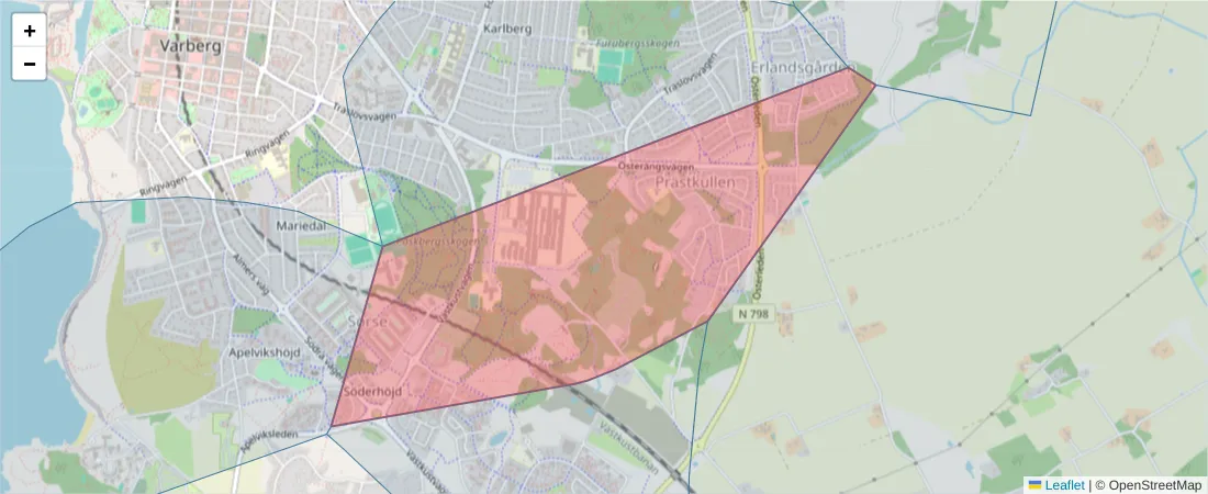 Karta över postnummerområdet  och angränsande postnummer i Sverige