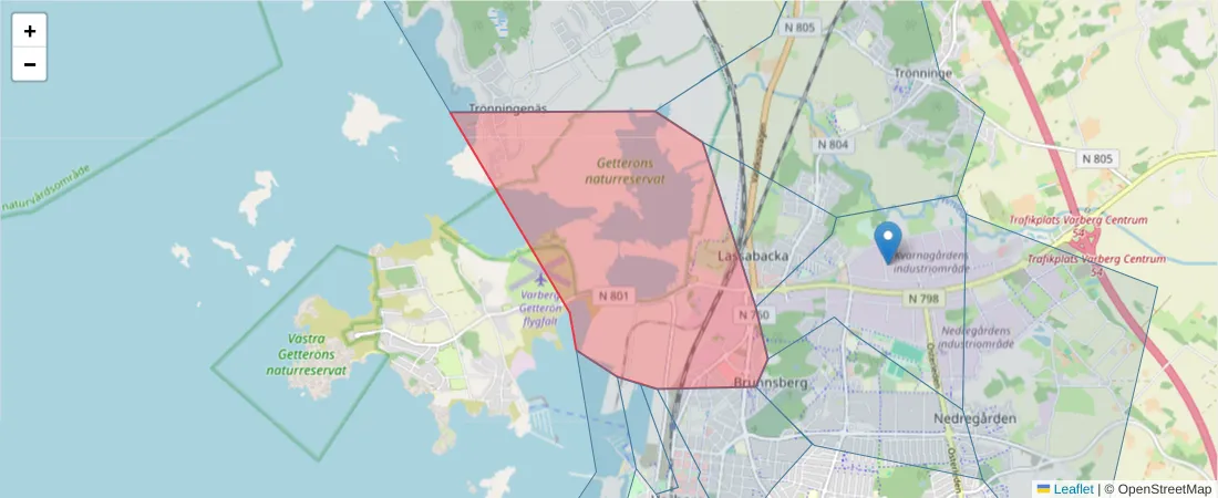 Karta över postnummerområdet  och angränsande postnummer i Sverige