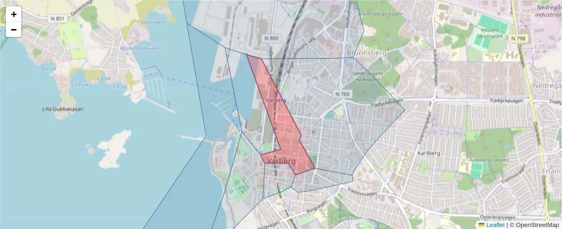Karta över postnummerområdet  och angränsande postnummer i Sverige