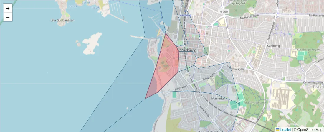 Karta över postnummerområdet  och angränsande postnummer i Sverige