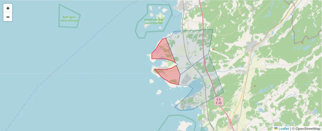 Karta över postnummerområdet  och angränsande postnummer i Sverige