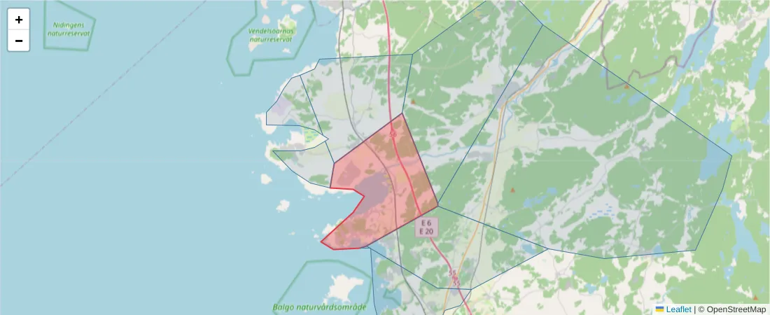 Karta över postnummerområdet  och angränsande postnummer i Sverige