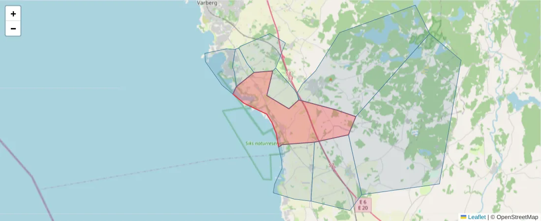 Karta över postnummerområdet  och angränsande postnummer i Sverige