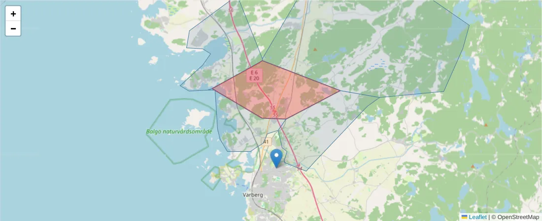 Karta över postnummerområdet  och angränsande postnummer i Sverige
