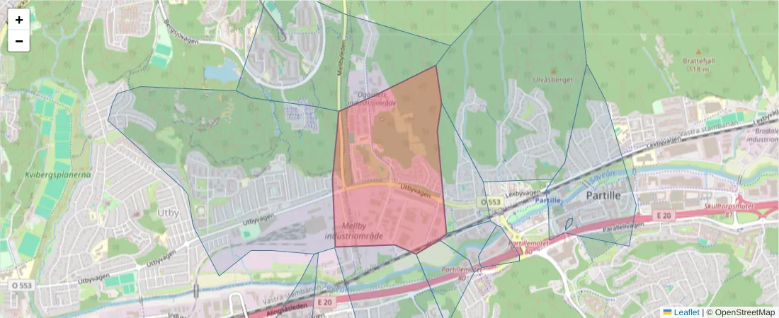Karta över postnummerområdet  och angränsande postnummer i Sverige