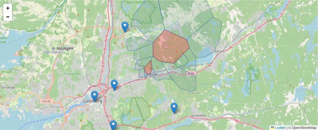 Karta över postnummerområdet  och angränsande postnummer i Sverige