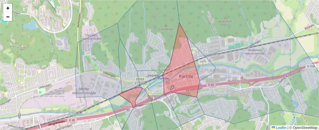 Karta över postnummerområdet  och angränsande postnummer i Sverige