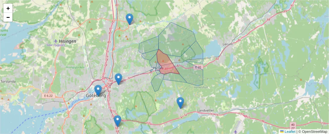 Karta över postnummerområdet  och angränsande postnummer i Sverige