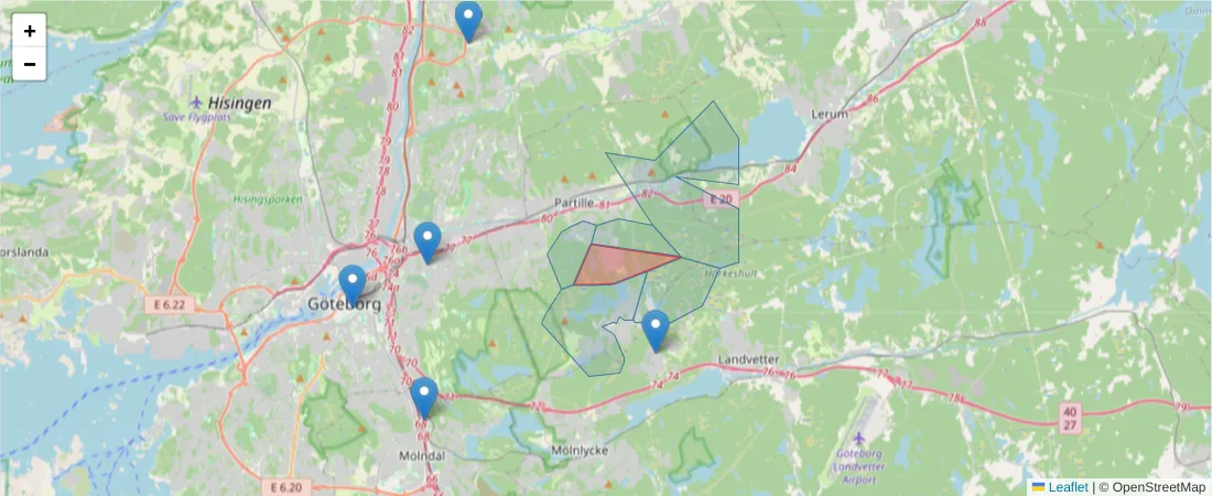 Karta över postnummerområdet  och angränsande postnummer i Sverige
