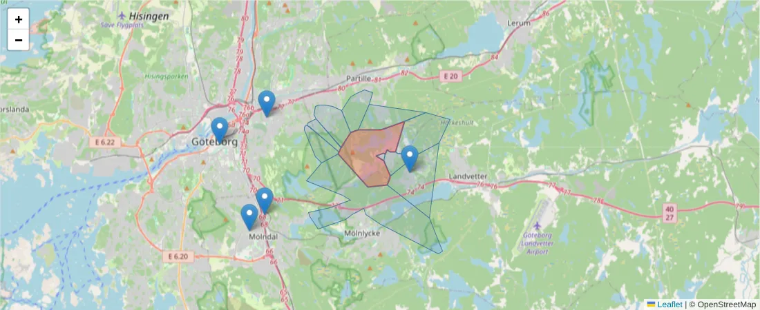Karta över postnummerområdet  och angränsande postnummer i Sverige