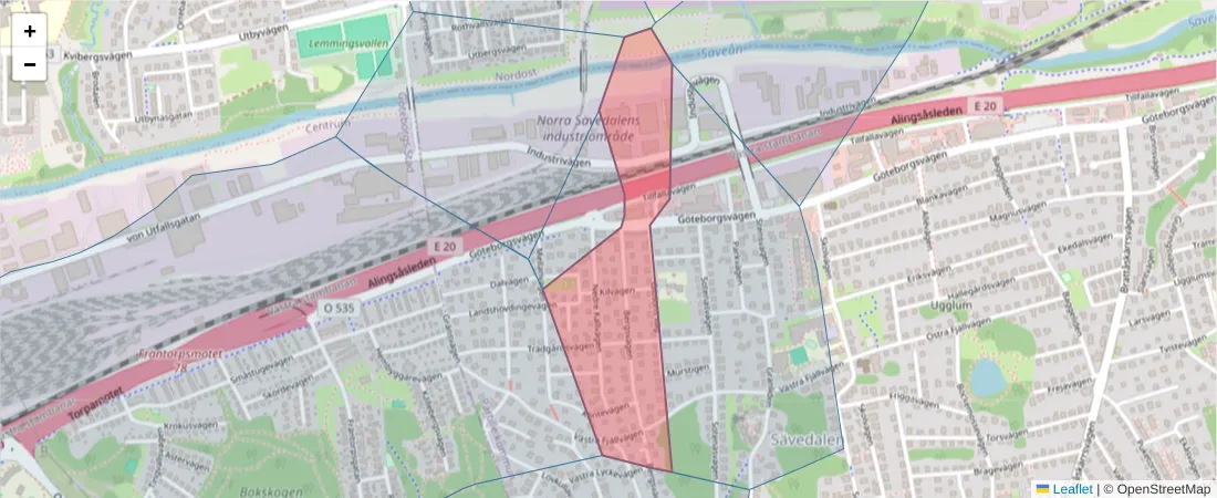 Karta över postnummerområdet  och angränsande postnummer i Sverige