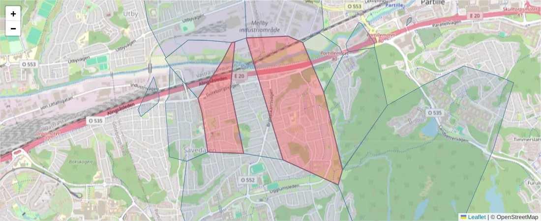 Karta över postnummerområdet  och angränsande postnummer i Sverige