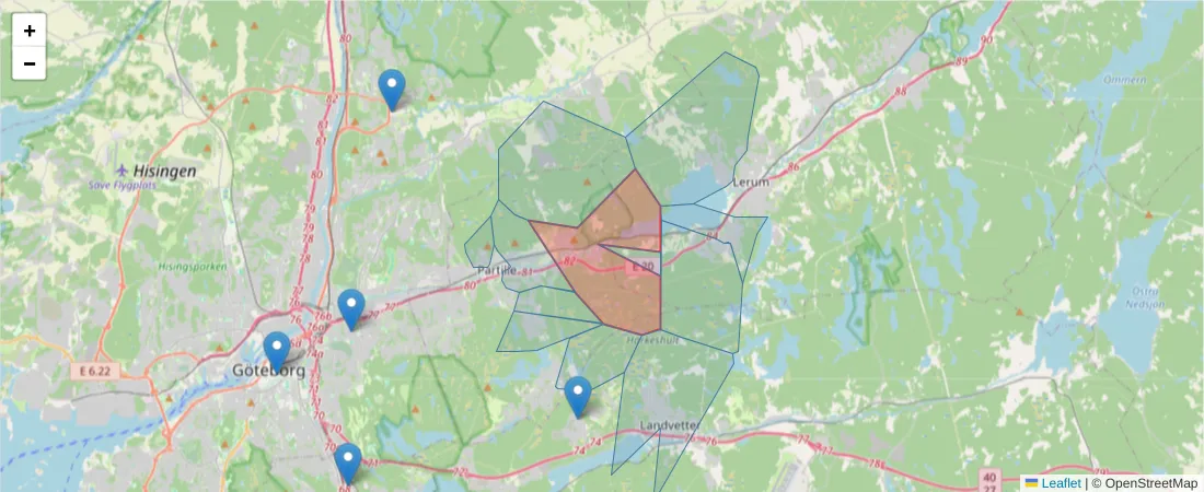Karta över postnummerområdet  och angränsande postnummer i Sverige