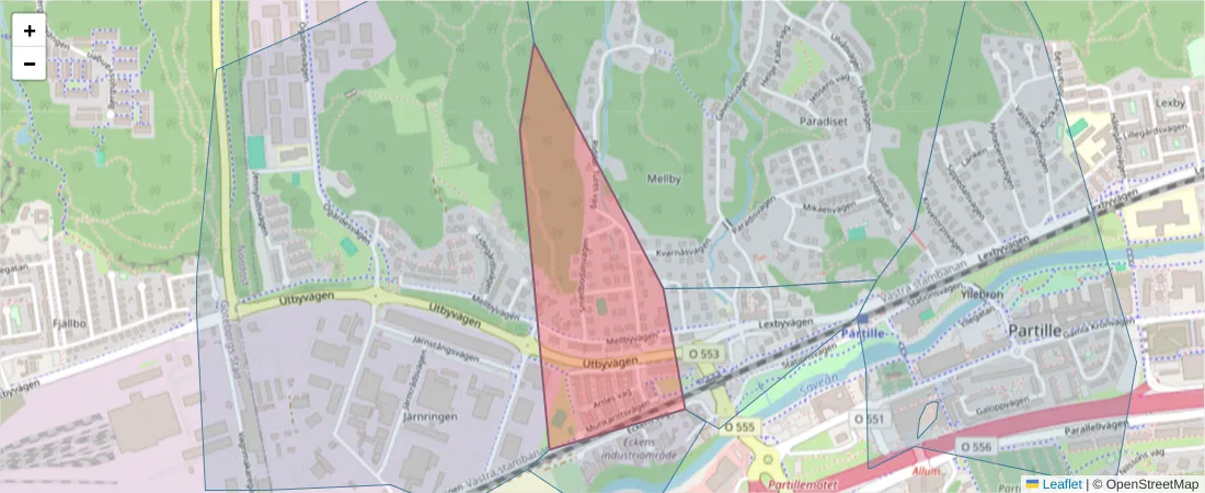 Karta över postnummerområdet  och angränsande postnummer i Sverige