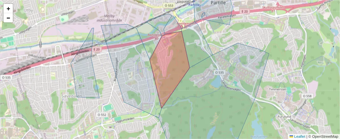 Karta över postnummerområdet  och angränsande postnummer i Sverige
