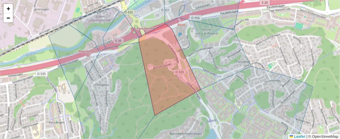 Karta över postnummerområdet  och angränsande postnummer i Sverige