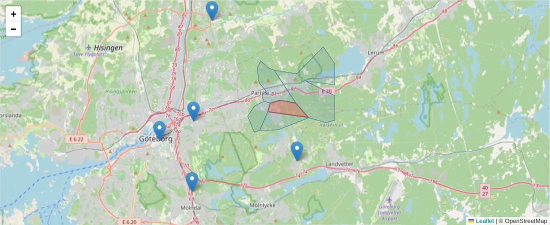 Karta över postnummerområdet  och angränsande postnummer i Sverige