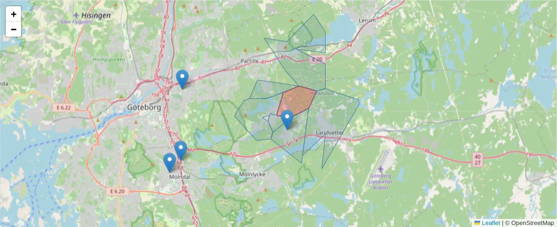 Karta över postnummerområdet  och angränsande postnummer i Sverige