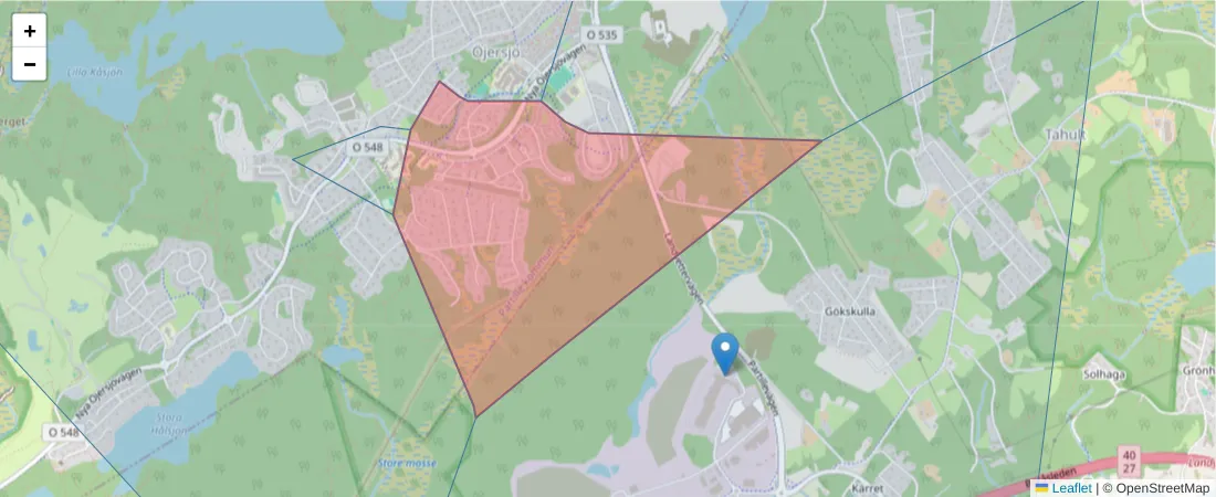 Karta över postnummerområdet  och angränsande postnummer i Sverige