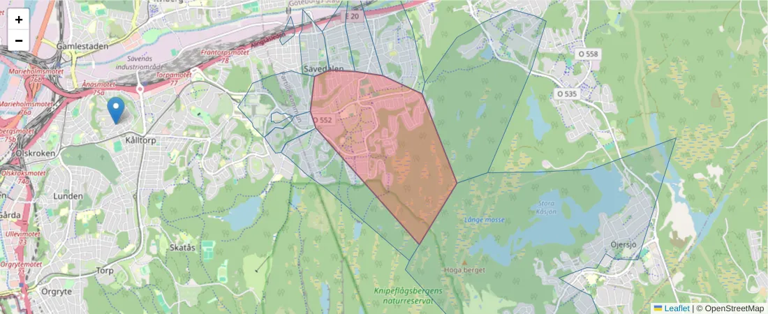 Karta över postnummerområdet  och angränsande postnummer i Sverige