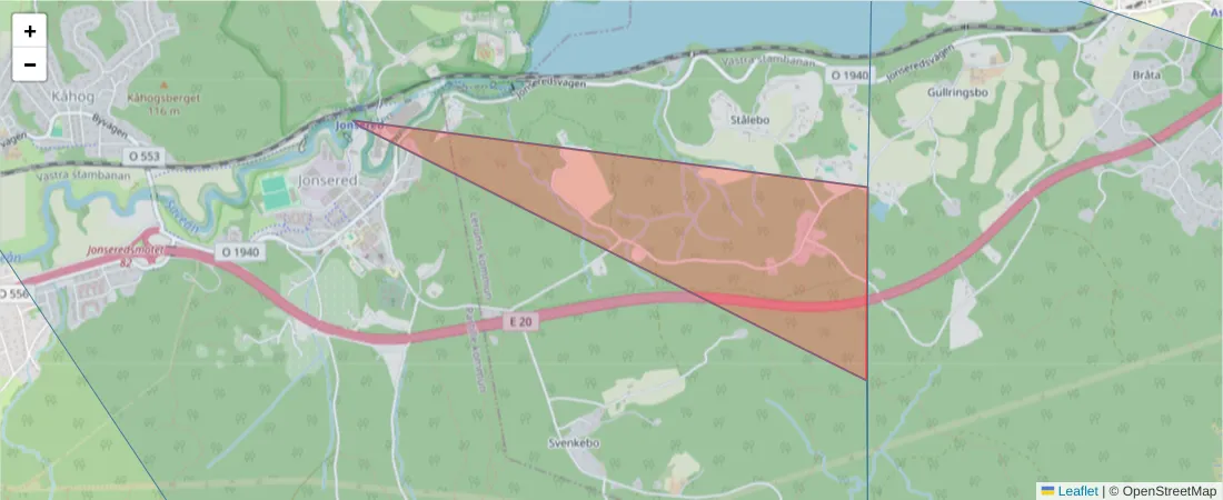 Karta över postnummerområdet  och angränsande postnummer i Sverige