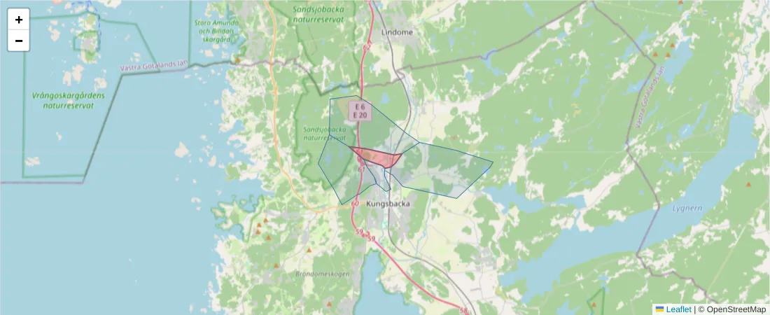 Karta över postnummerområdet  och angränsande postnummer i Sverige