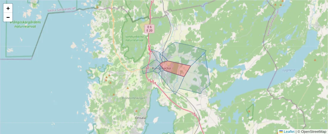 Karta över postnummerområdet  och angränsande postnummer i Sverige