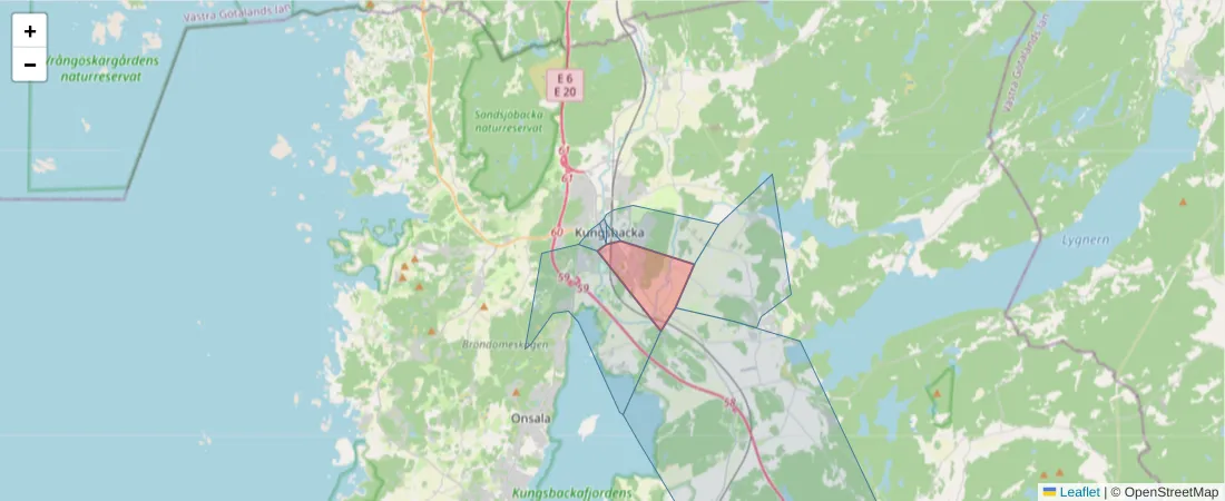 Karta över postnummerområdet  och angränsande postnummer i Sverige