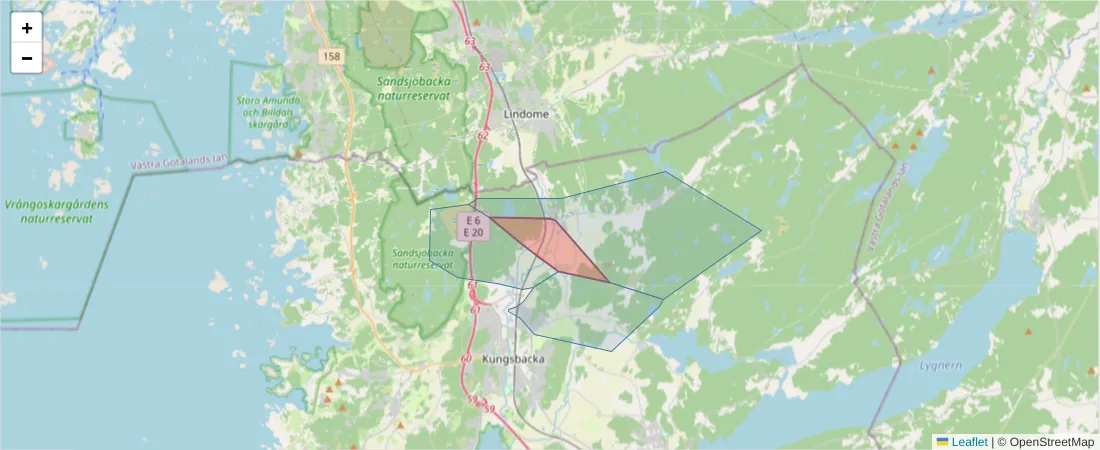 Karta över postnummerområdet  och angränsande postnummer i Sverige