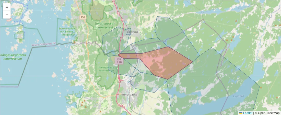 Karta över postnummerområdet  och angränsande postnummer i Sverige
