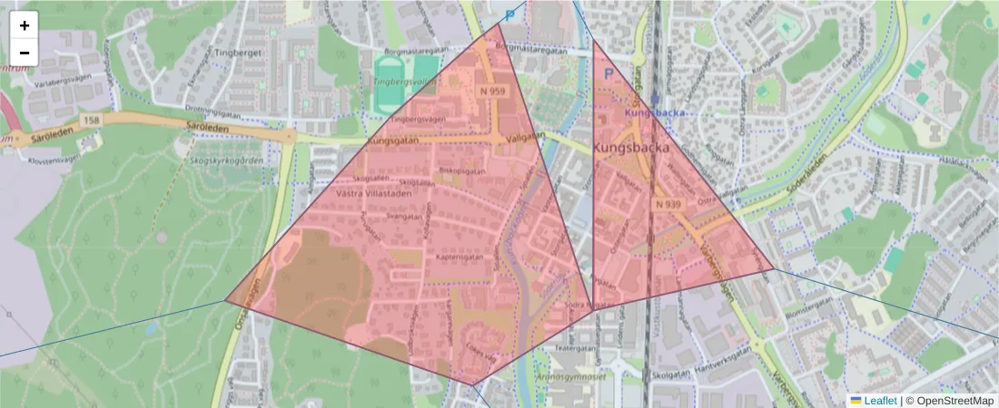 Karta över postnummerområdet  och angränsande postnummer i Sverige