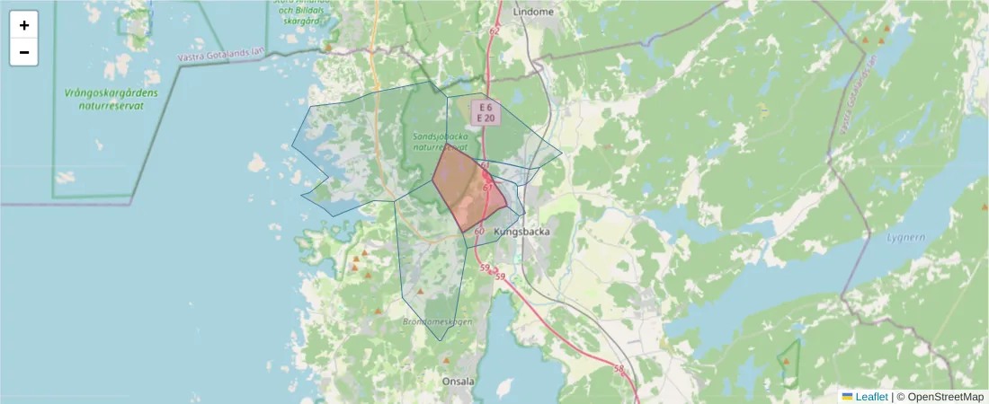 Karta över postnummerområdet  och angränsande postnummer i Sverige