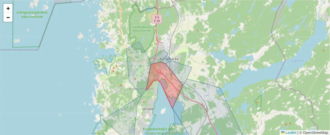 Karta över postnummerområdet  och angränsande postnummer i Sverige